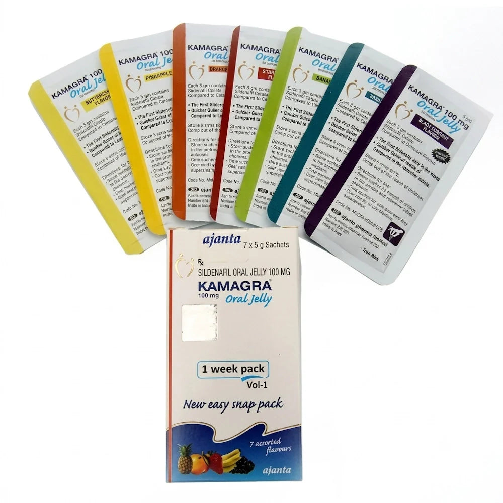  Kamagra Oral Jelly 100mg 7-day assorted flavors weekly pack box
